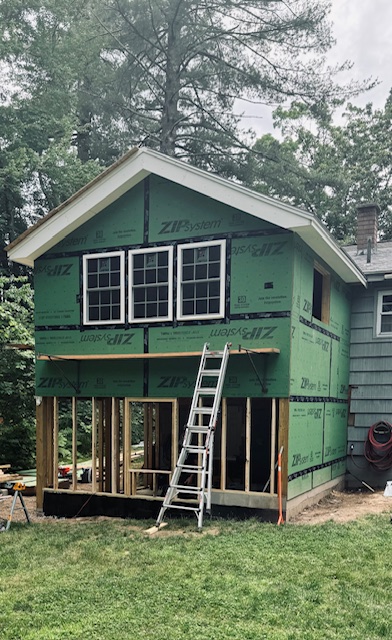 Framing stage of the two-story addition in Pelham